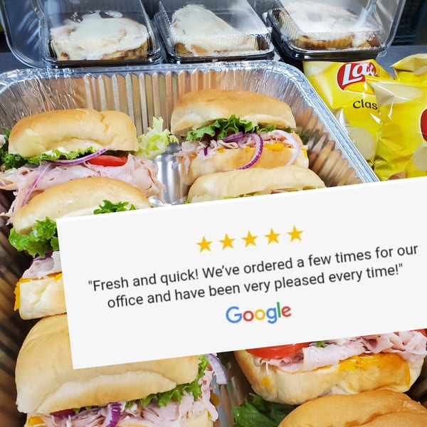 Field House Deli catering tray with sandwiches, chips, and pastries, overlaid with a Google review.